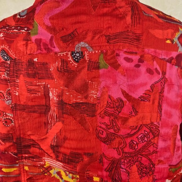 Chico's Size 3 (US XL) Red Multicolor Button Front Jacket 100% Silk Long Sleeve - Picture 8 of 12
